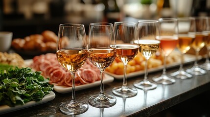 a sophisticated buffet table showcasing a meticulously arranged row of wine glasses setting the tone for the celebration