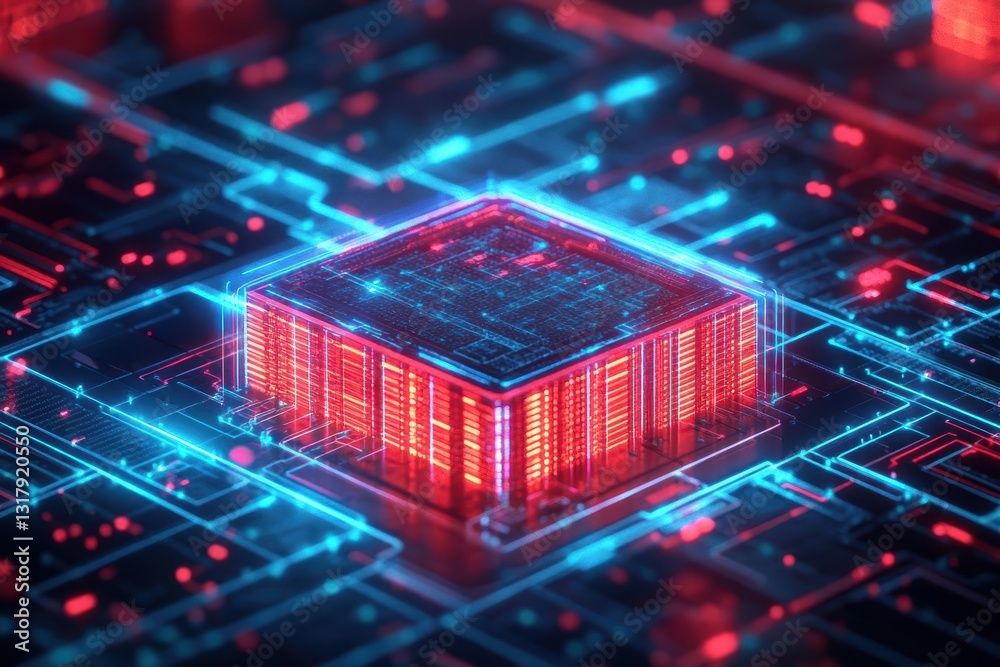 Poster vibrant red and blue computer processor on intricate circuit board surrounded by high-tech component