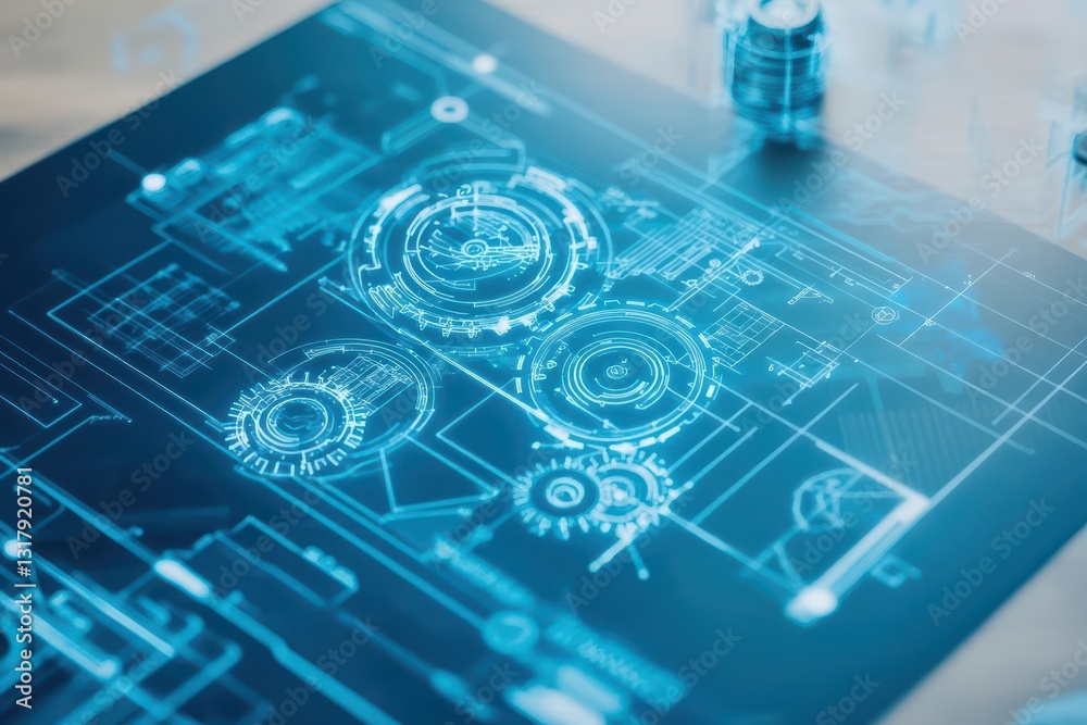Poster intricate blueprint drawing featuring interlocking gears illustrating mechanical engineering concept