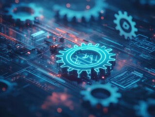 Futuristic Blue and Black Computer Circuit Featuring a Radiant Gear Symbol Representing Innovation Technology and Advanced Engineering Concepts
