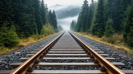 Fototapeta premium mysterious railway stretching into foggy forest landscape
