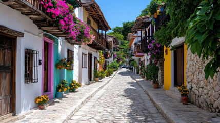 Fototapeta premium picturesque cobblestone street lined with colorful houses and vibrant flowers