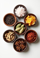 Circular Arrangement Of Wooden Spice Bowls For Culinary Blogs And Food Magazine Layouts