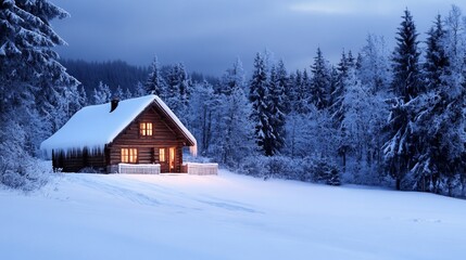 Secluded Winter Cabin in a Snowy Forest at Twilight, Peaceful Winter Wonderland Escape