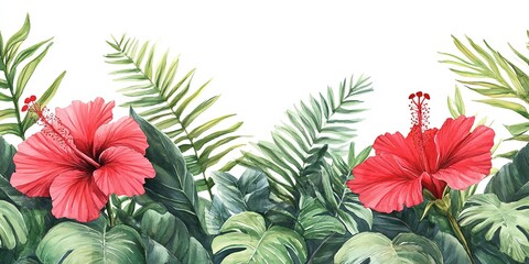 Naklejka premium Vibrant Hibiscus Flowers Amid Lush Greenery Creating a Tropical Garden Atmosphere
