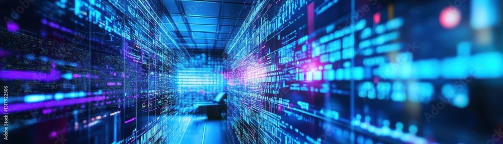 Poster a solitary man navigating through a futuristic tunnel filled with flowing streams of data and vibran