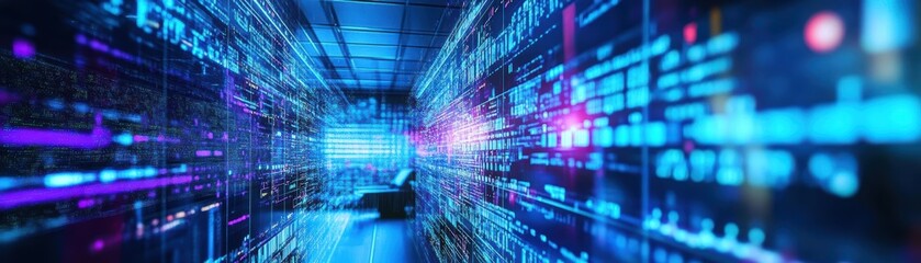 A solitary man navigating through a futuristic tunnel filled with flowing streams of data and vibrant digital patterns symbolizing knowledge and technology