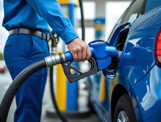 Fueling a modern blue car at a gas station, captured in sharp detail showing the pump nozzle in the tank, symbolizing transportation, energy consumption, and mobility

