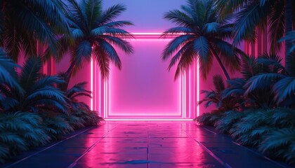 Fototapeta premium Retro illustration of tropical neon glowing frame background with palm trees. Futuristic summer night travel design in Miami style. Abstract vintage holiday landscape, trendy nightclub art.