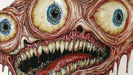 Unique and disturbing artwork showcasing a monstrous creature with exaggerated features and vibrant colors