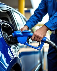 Fueling a modern blue car at a gas station, captured in sharp detail showing the pump nozzle in the tank, symbolizing transportation, energy consumption, and mobility

