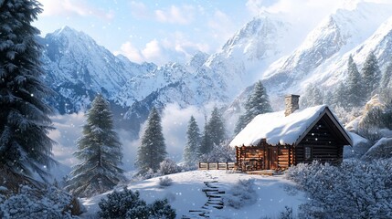 Snowy Mountain Cabin Winter Wonderland Escape Serene Log Cabin in Majestic Snow Capped Mountains