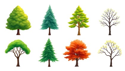 Eight Various Tree White Background