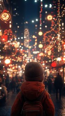 Obraz premium A young boy watches the lights of the Night City Market