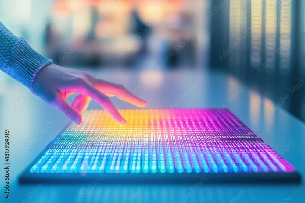Poster person engaging with vibrant colorful light display on computer interface creating a captivating and