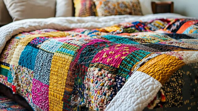 Beautifully crafted patchwork quilt on a cozy bed in a warmly lit room with decorative pillows