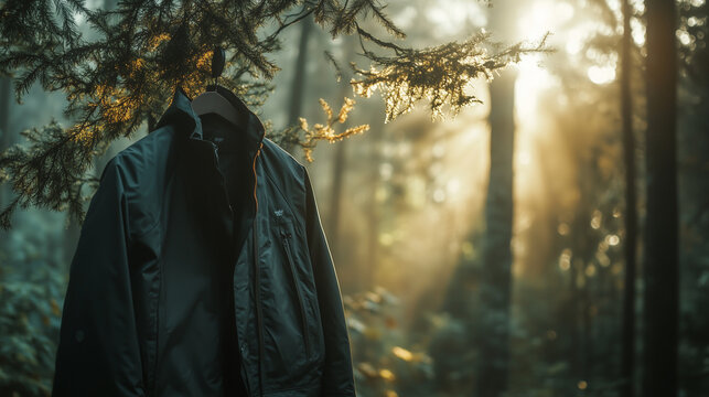 Waterproof jacket hanging on a tree branch, set in a natural outdoor setting with a rugged, adventurous vibe