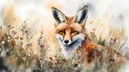 Obraz premium A fox is sitting in a field of grass