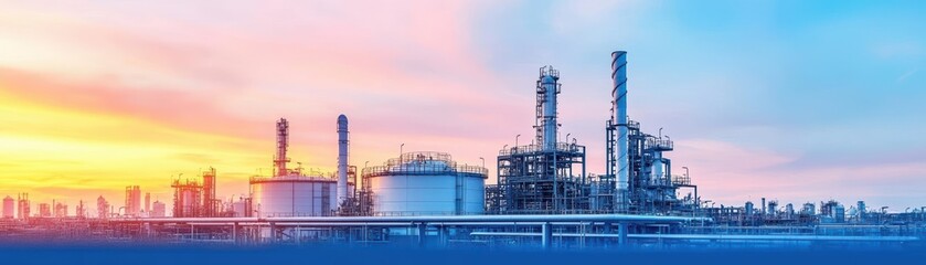 Obraz premium Spectacular Sunset Illuminating Industrial Refinery Silhouetted Against Vibrant Sky Creating a Dramatic Contrast of Nature and Industry at Dusk