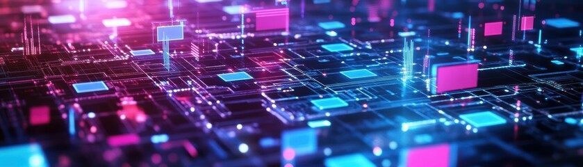 Fototapeta premium Futuristic Abstract Technology Background Featuring Glowing Squares and Geometric Shapes Creating a Dynamic and Engaging Digital Atmosphere
