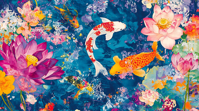 A painting of a pond with a lot of fish and flowers