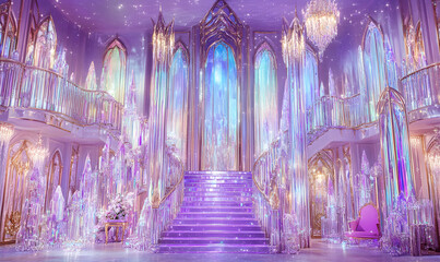 Enchanting crystal palace interior; grand staircase, iridescent glass, luxurious purple hues, fairytale aesthetic.  Perfect for fantasy, royalty, luxury, or magical themes.