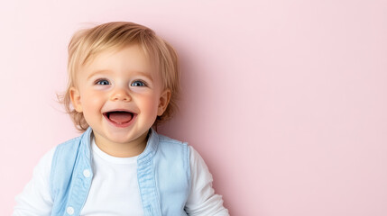 Naklejka premium Happy baby with playful expression on light pink background