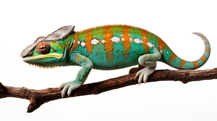 A green and orange lizard is perched on a branch