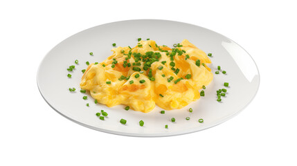 Delicious Scrambled Eggs with Chives on a Plate on transparent background	