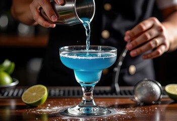 Bartender pouring blue cocktail for menu photography and beverage marketing displays