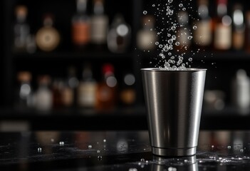 Cocktail shaker action by bartender for hospitality training and beverage promotion