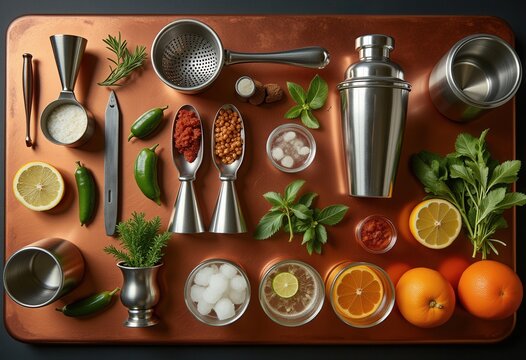 Bartending tools and ingredients layout for hospitality training and beverage publications