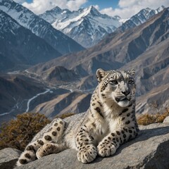 Obraz premium A snow leopard resting on a rocky cliff, overlooking a stunning Himalayan landscape.
