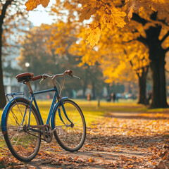 Fototapeta premium A bicycle set against a city park background, evoking urban leisure and a sense of community