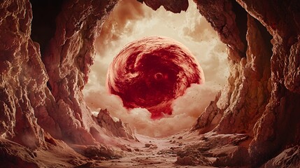 Red Planet Rising Over a Desolate Cave Landscape