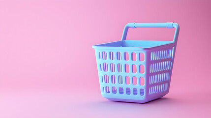 Fototapeta premium Isolated Blue Shopping Cart Against A Pink Background Illustrating Retail Purchase And Consumerism