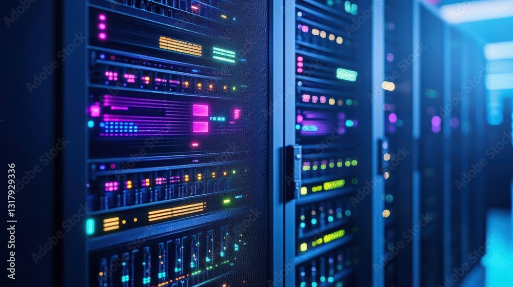 Poster a row of high-performance servers in a modern data center illuminated by soft led lights creating a 