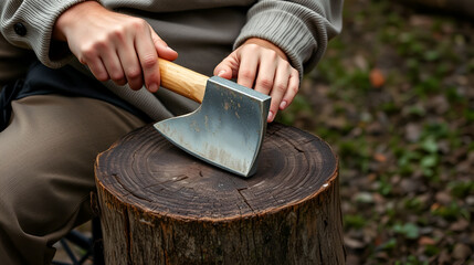 Sharpening an axe. The woodcutter is lying on a stump. One hand holds the touchstone in motion.