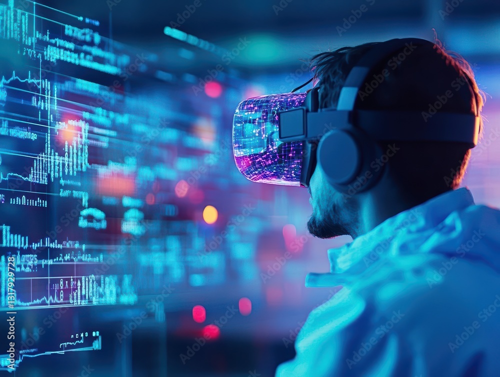 Poster man engaged with virtual reality glasses immersed in digital world while using computer in a modern 