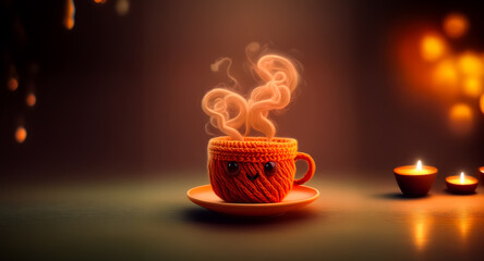 A warm cup of coffee steams gently on a saucer, with soft candlelight illuminating the cozy setting. A comforting and inviting scene.