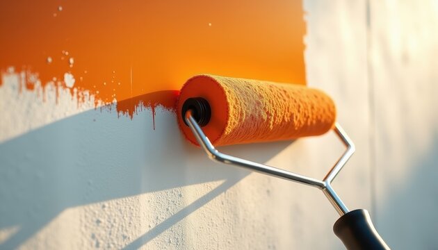 Orange paint roller against textured wall for home renovation blogs and interior design websites