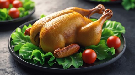 Roasted Whole Chicken Served on a Plate with Fresh Vegetables, Ideal for Culinary and Food Phot