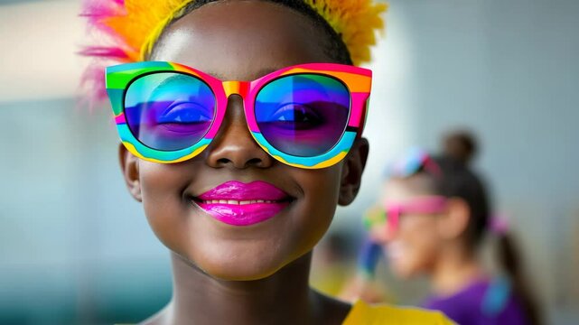 Vibrant Drag Queen Reading to Children in Colorful Setting with Rainbow Glasses and Bright Hair Celebrating Diversity and Creativity