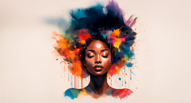 A woman with closed eyes is depicted, her dark hair bursting into a vibrant array of abstract colors, resembling paint splashes in an artistic representation.