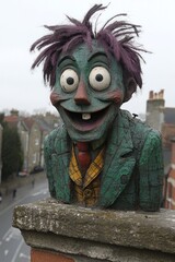 Creepy puppet statue on rooftop, UK town