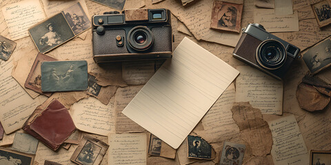 Retro Cameras and Blank Notebook on a Vintage Photography Setup