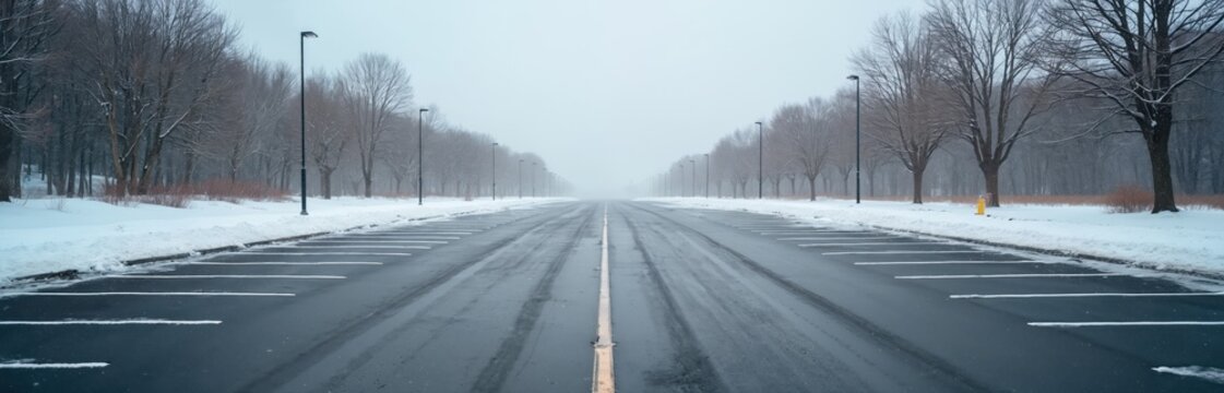 Empty parking lot covered in snow during winter season. Asphalt pavement shows car tire tracks. Bare trees line road vanishing into misty distance. Seasonal weather backdrop during gloomy day. - Powered by Adobe