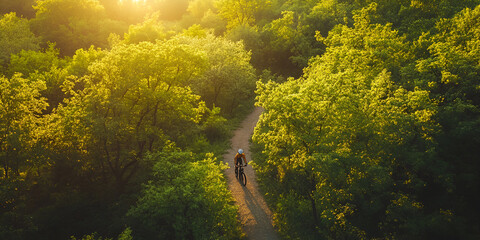 Person cycling on a Sunlit Forest Trail Surrounded by Greenery