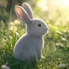 Fototapeta premium Grey bunny sitting in sunlit meadow