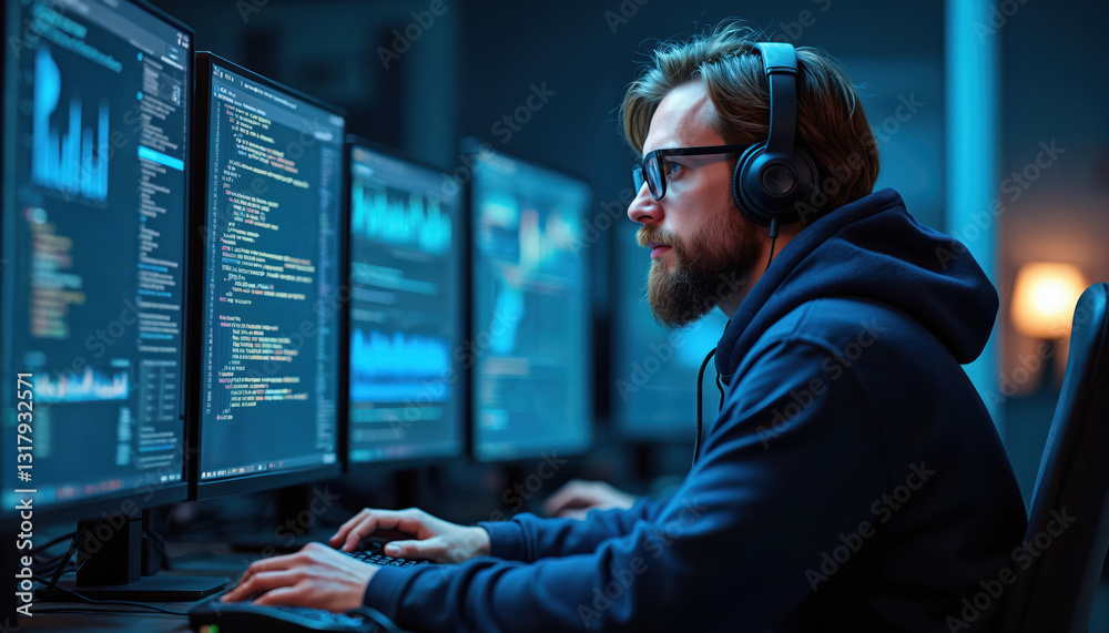 Poster bearded data scientist in glasses works on computer with machine learning models. focused engineer i